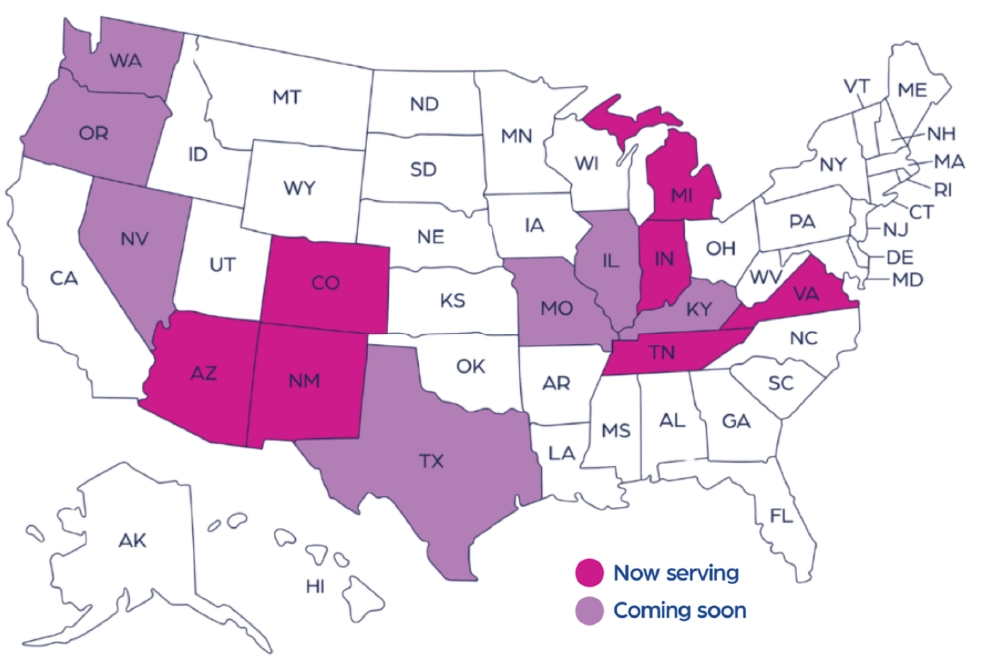 Map of US states served by Holon Health